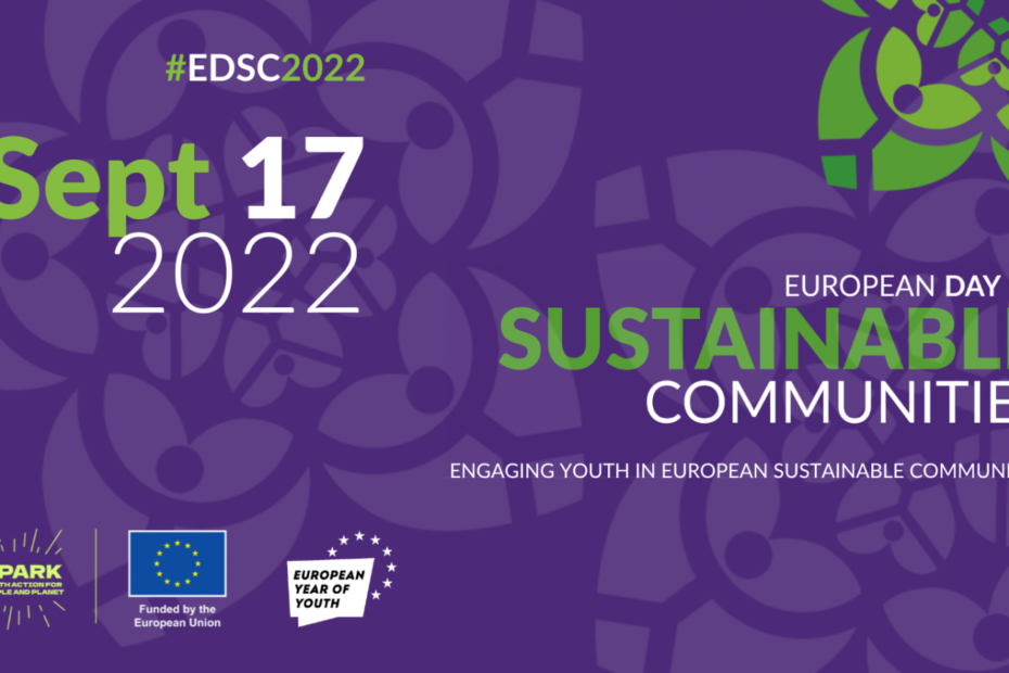 A banner for European day of sustainable commuities, violet and green elements